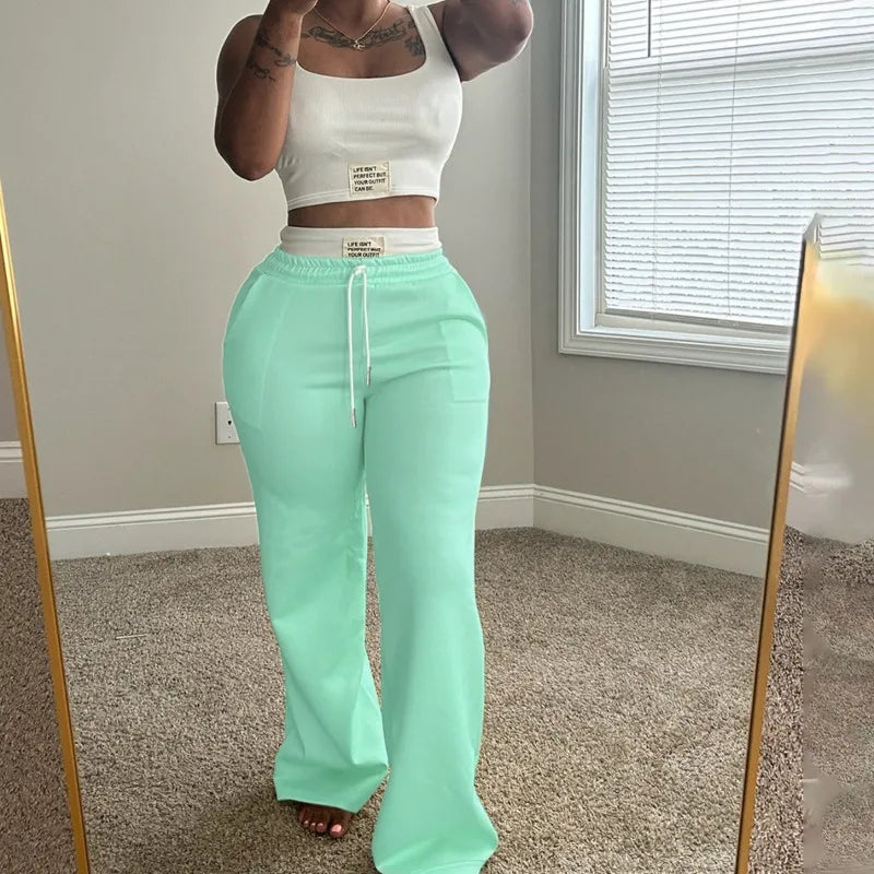 Letter Print Label Color Patchwork 2 Piece Set Women Tracksuits Ribbed Tank Crop Top + Drawstring High Waist Wide Leg Pants Suit